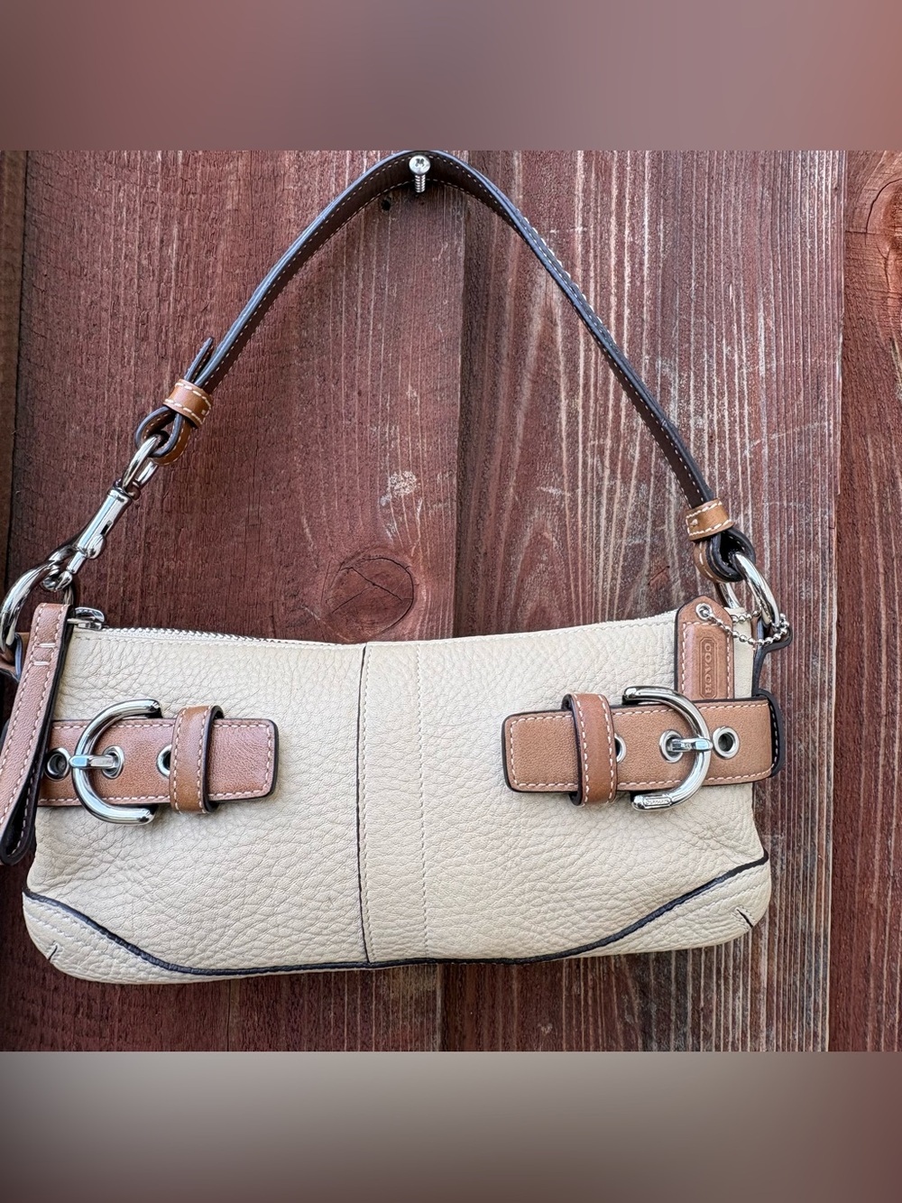 Coach Cream Pebbled Leather Shoulder Bag with Tan Trim Buckle Detail